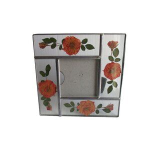 **Charming Orange Floral Picture Frame Pressed Glass Geometric Leading